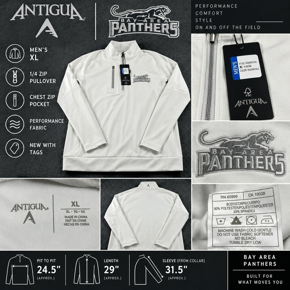 Antigua Men's XL Bay Area Panthers Jacket 1/4 Zip White Football Pullover NWT